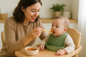 Bebê na cadeirinha recebendo papinha durante a introdução alimentar aos 6 meses