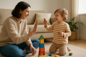 Mãe e criança brincando com blocos macios em sala de apartamento — brincadeiras em apartamento