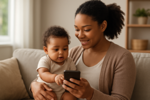 Mãe usando aplicativo para acompanhar o desenvolvimento do bebê