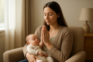 Mãe segurando o bebê em oração, representando oração pelo bebê e acolhimento nos primeiros meses.